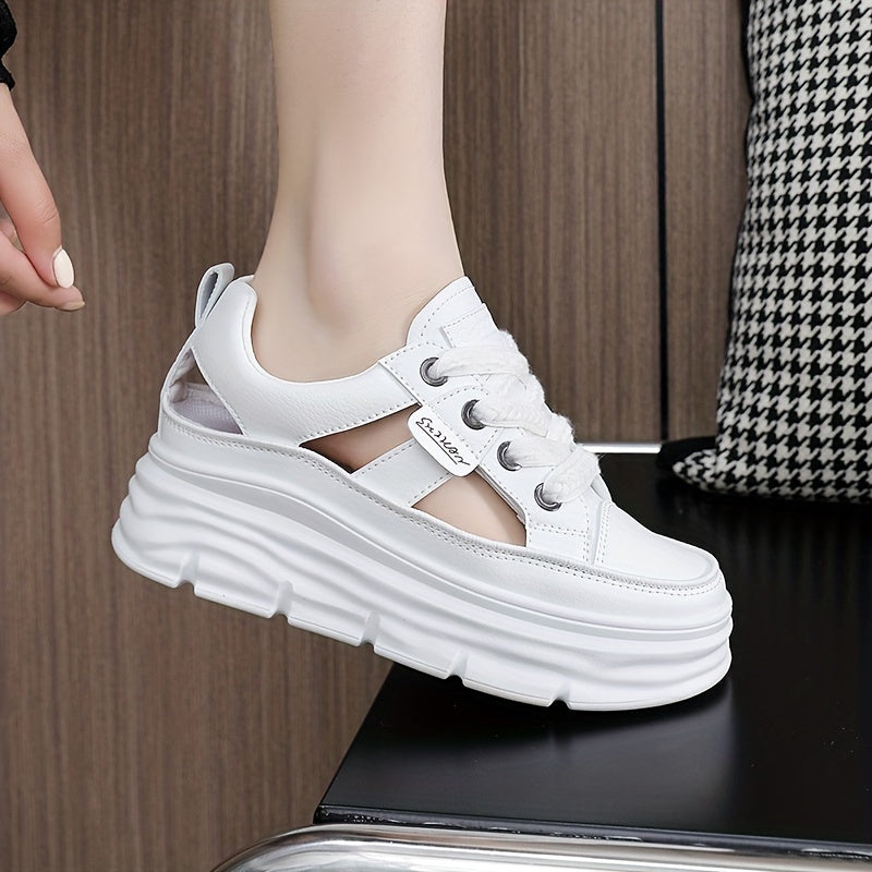 Summer 2024 Women's Breathable Cut-Out Sneakers with Hidden Height Increase, White.