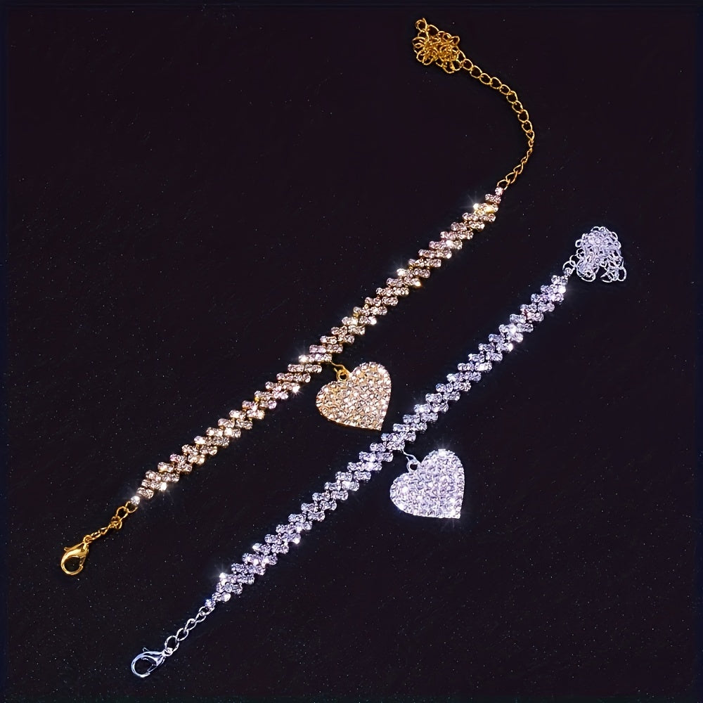 Pair of Stylish, Elegant, Opulent Claw Chain Bracelet and Anklet Set Adorned with Shimmering Water Drill Hearts