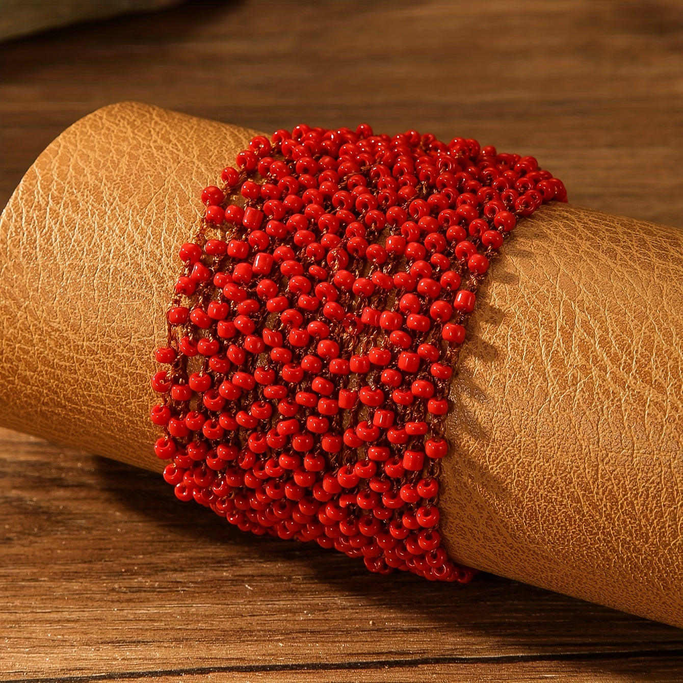 Red Crochet Bracelet with Handmade Beads, Bohemian Style Hand Jewelry for Women