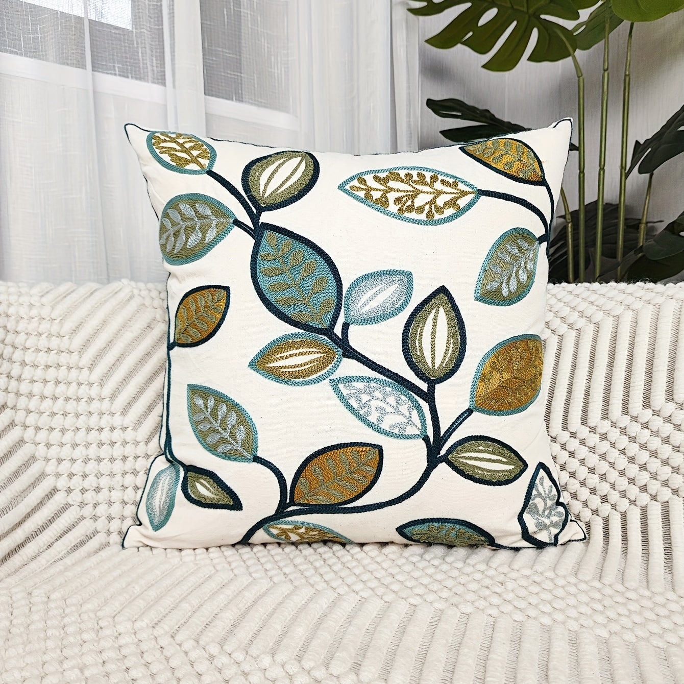 Leaf embroidered canvas throw pillow case featuring modern green & golden leaf pattern, zippered, machine washable cover for living room decor.