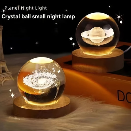 USB-powered crystal ball night light with wooden base, LED tabletop lamp for bedroom, energy efficient uplight with countertop mounting, accessory included, no battery needed.