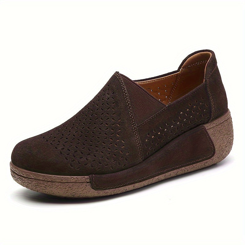 Breathable slip-on sneakers for women with hollow design, round toe, and non-slip PU sole.