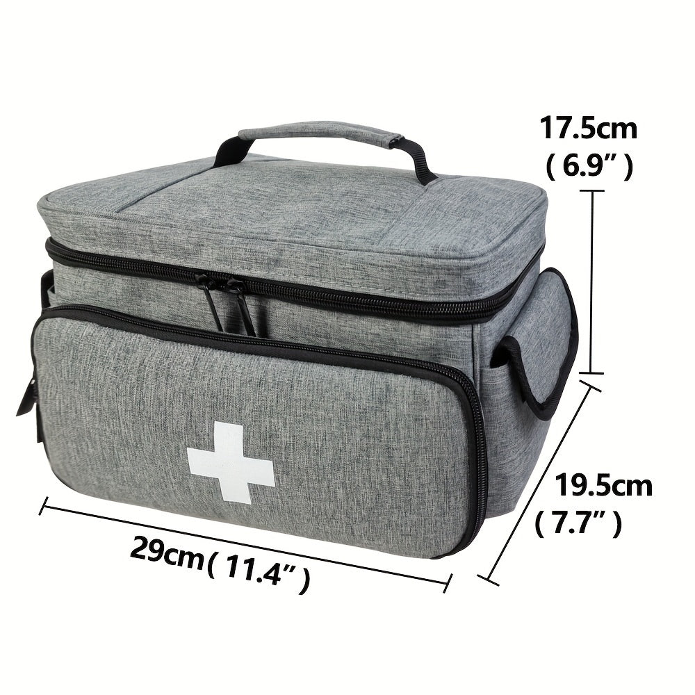 Durable PU medicine storage bag with multiple compartments for home and emergency needs. Non-food safe. Available in red, black, and grey for first aid use.