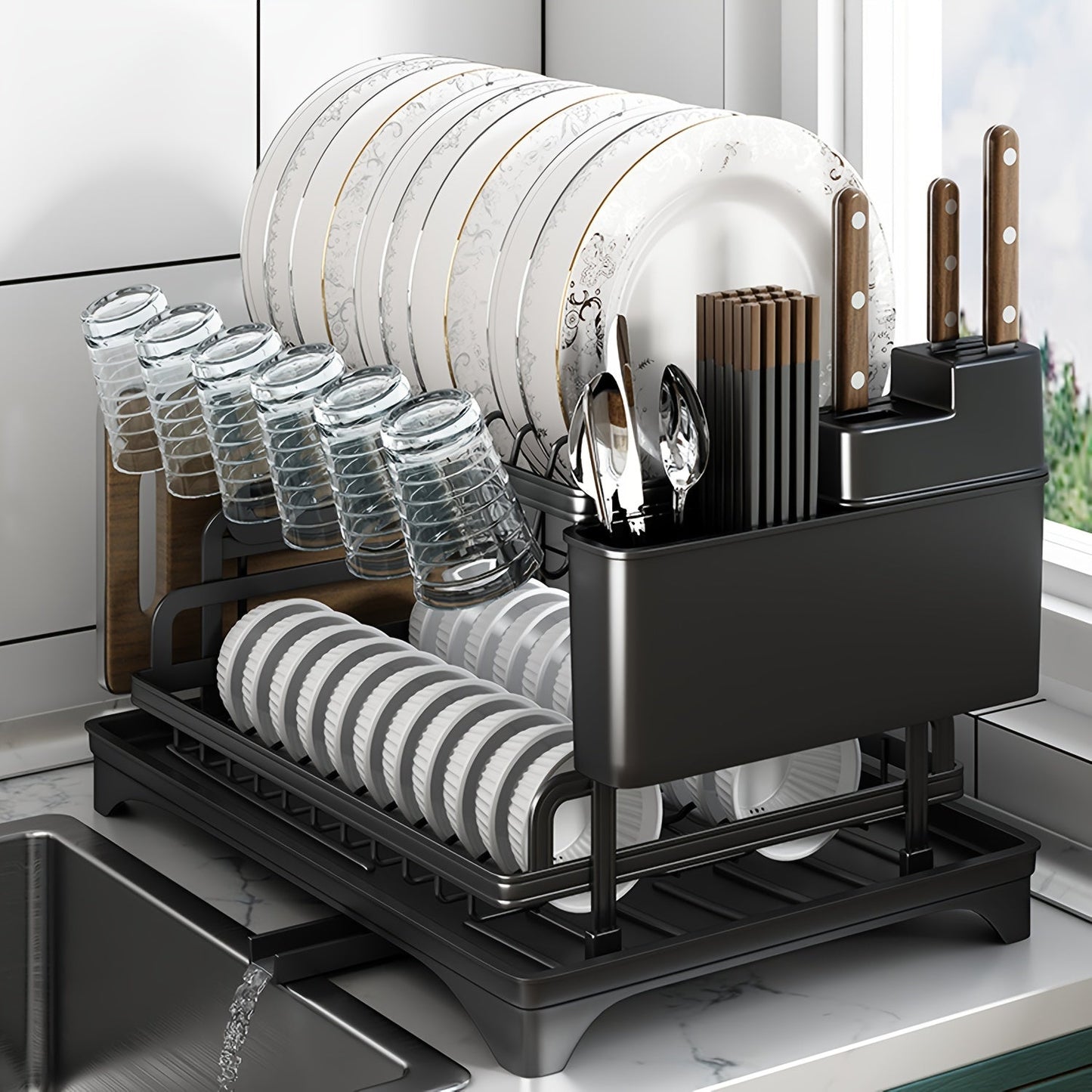 This 2-Tier Iron Dish Drying Rack comes with a Drainboard, Cutlery Holder, Knife Block, and Glass Holder. It serves as a Kitchen Countertop Plate Bowl Organizer and makes the perfect gift for Women on Mother's Day.