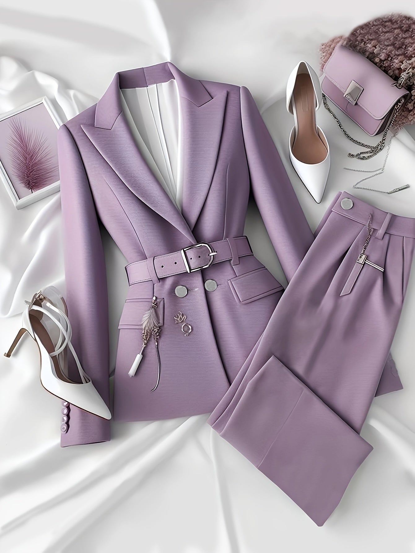 Stylish Solid Color Suit with Belt and Long Trousers for Urban Commuting