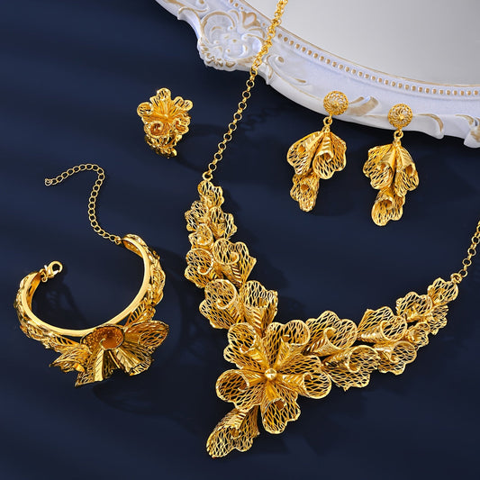 Indulge in the timeless elegance of the MEIZ Vintage Style 18K Golden Plated Copper Jewelry Set - a luxurious 5-piece collection inspired by the opulence of the Middle East. Perfect for women who want to make a statement at parties, festivals, or special