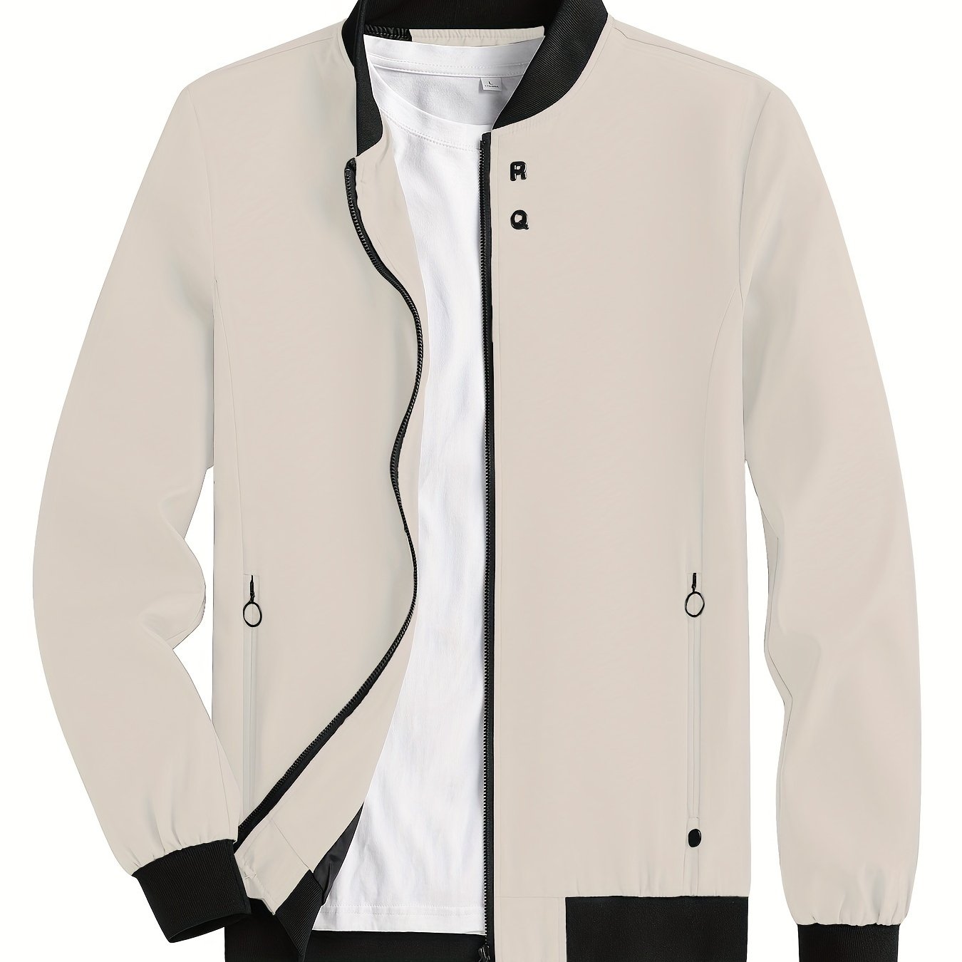 Casual long-sleeved jacket with zip, stand collar, pockets, and slim fit; ideal for spring and autumn.