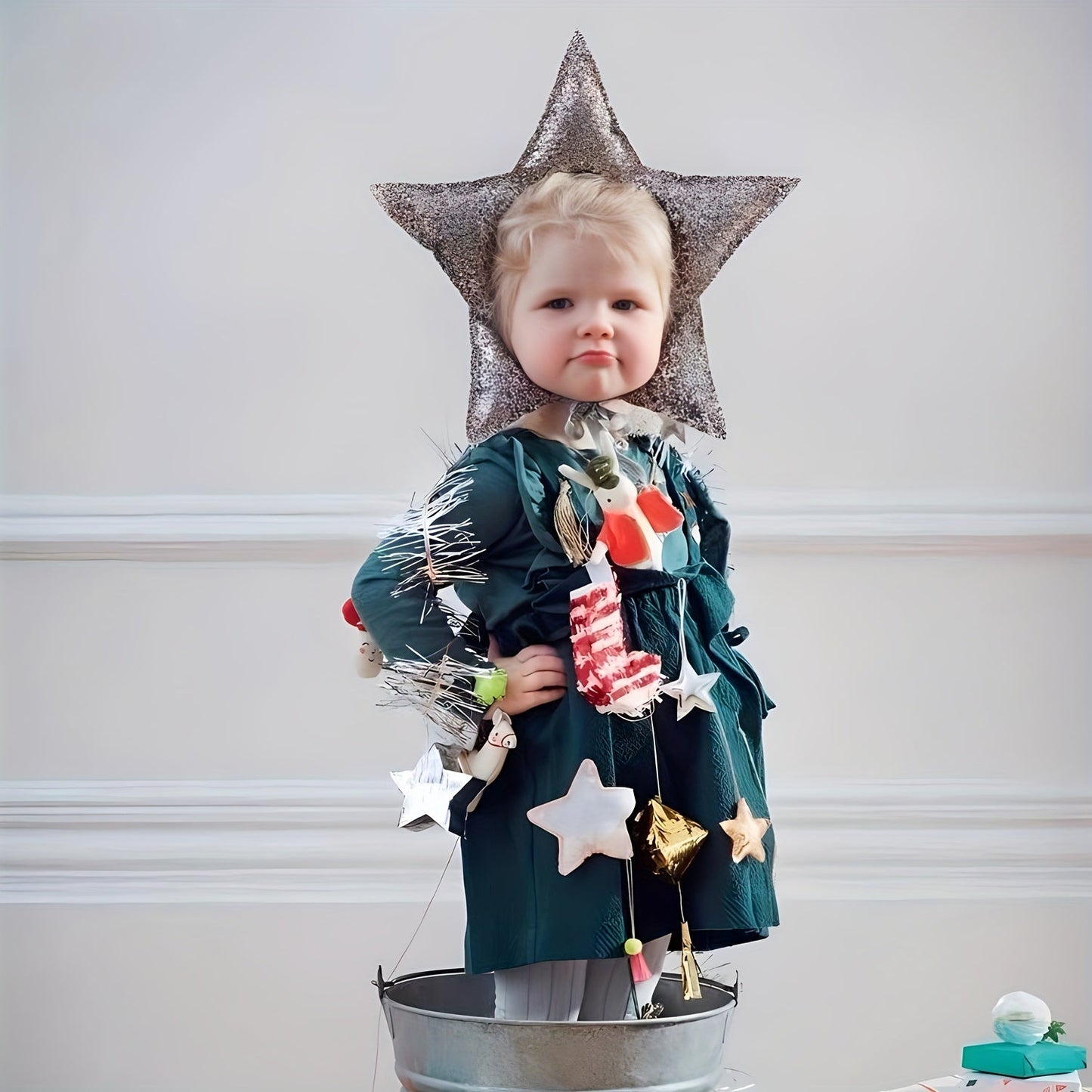 Silver-grey Christmas tree and star hair accessory, perfect for young ones, ideal for birthday parties and photoshoots - a cute fairy tale costume headpiece.