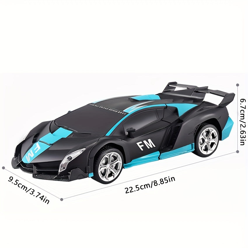 Remote control car transforms into robot, drifts 360°, with dynamic lights and USB rechargeable battery. Black and blue sports car design, great for outdoor play. Ideal birthday or holiday