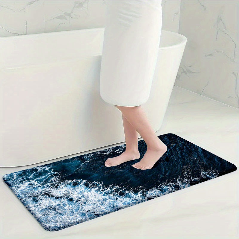 Set of 4 velvet sponge bath mats featuring non-slip designs in leaves, flowers, sea waves, and wooden board patterns. Includes an extended thickened toilet rug, durable non-slip bathroom rug, comfortable U-shaped toilet mat, and toilet cover mat for