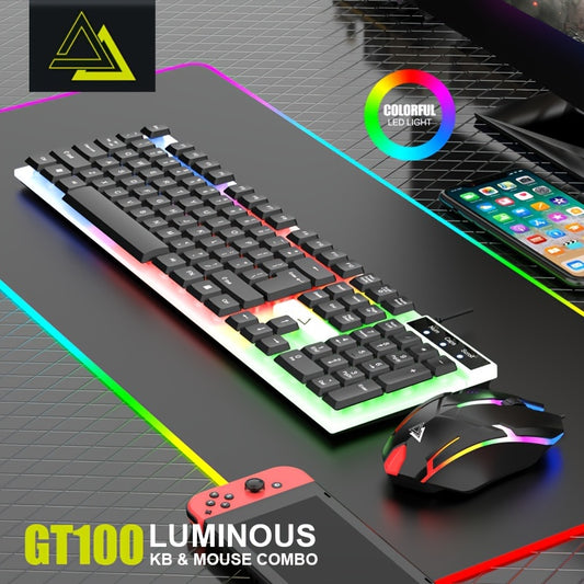 GT100 Luminous Gaming Keyboard & Mouse Combo with 104 Keys, Colorful LED Backlight, PC & USB Compatible, Black & White Design, Ergonomic Gaming Gear, Durable.