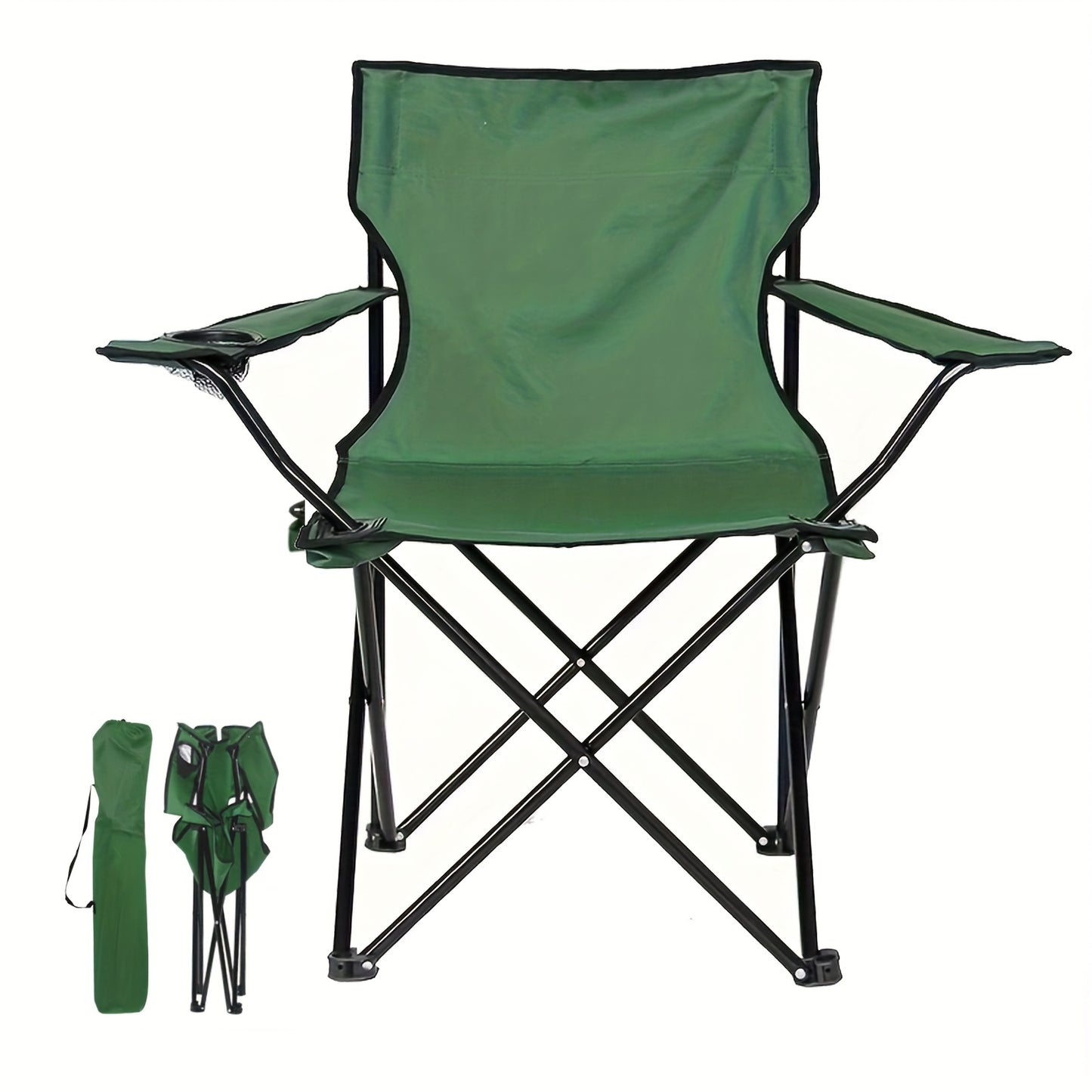 Portable picnic camping chair with carrying bag, water cup holder, and foldable design.