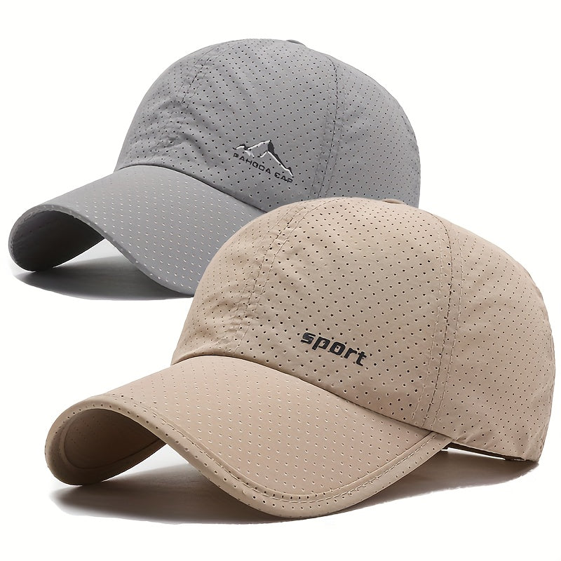 2-Pack Quick-Dry Baseball Caps, 100% Polyester Mesh, Snow Mountain & Sport Letter Print, Casual Sports Style for Spring/Summer