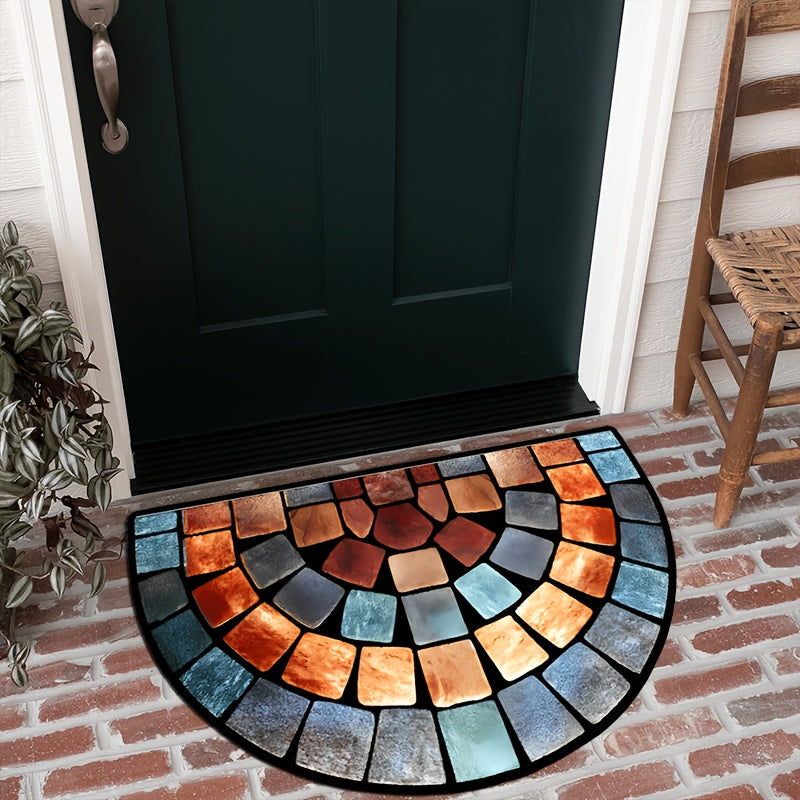 Polyester geometric door mat with non-slip backing, suitable for indoor use in home decor, porch, or living room. Soft, thick, and hand washable.