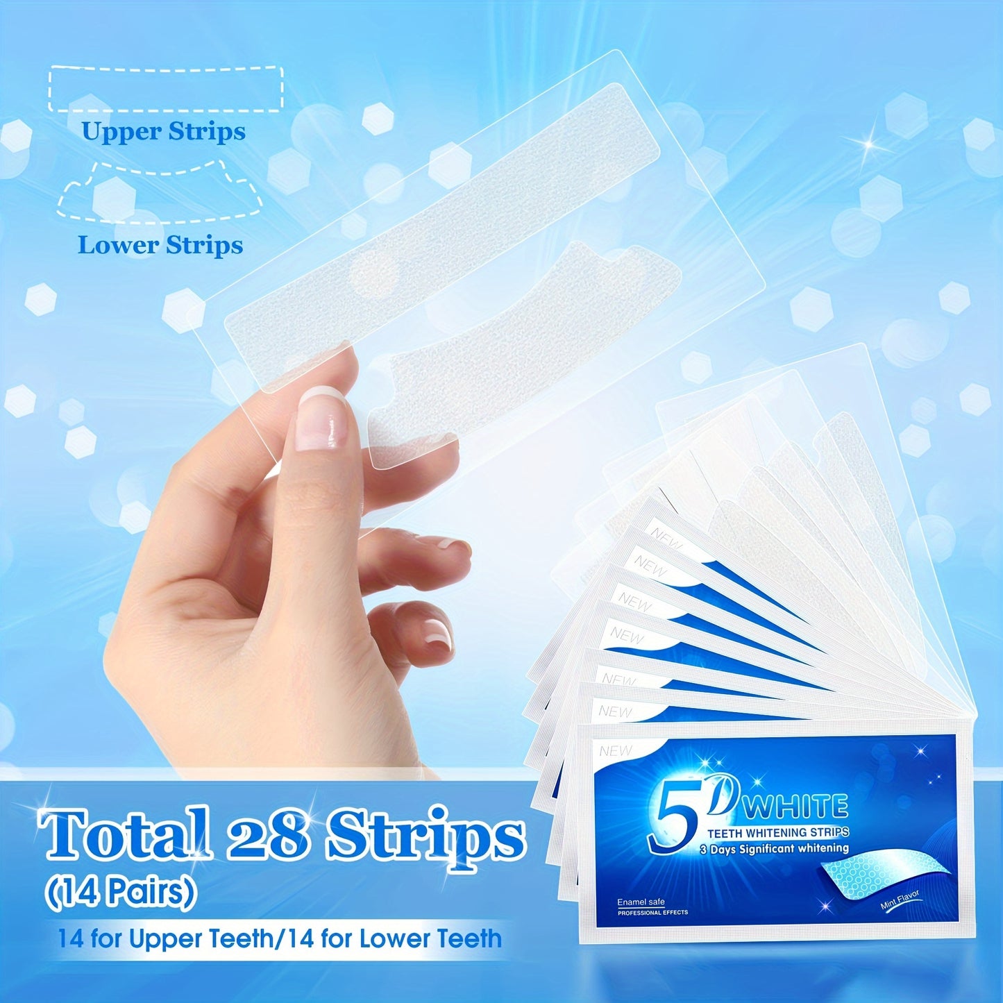 56 pieces of teeth whitening strips. Safe, effective and sensitivity-free for quick and effective brightening.