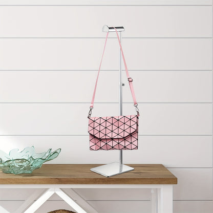 Adjustable hanging bag display rack made of stainless steel for clothing and wallets.