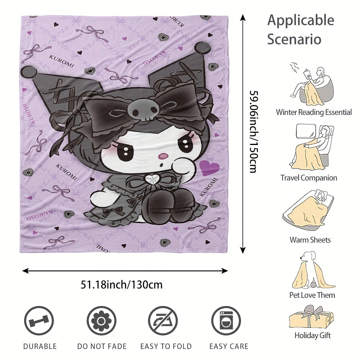 Get cozy with the Sanrio Kuromi Flannel Fleece Blanket featuring a vibrant digital print cartoon pattern. This all-season multipurpose throw is perfect for the living room, bedroom, camping, or travel. Made of 100% polyester, this blanket weighs