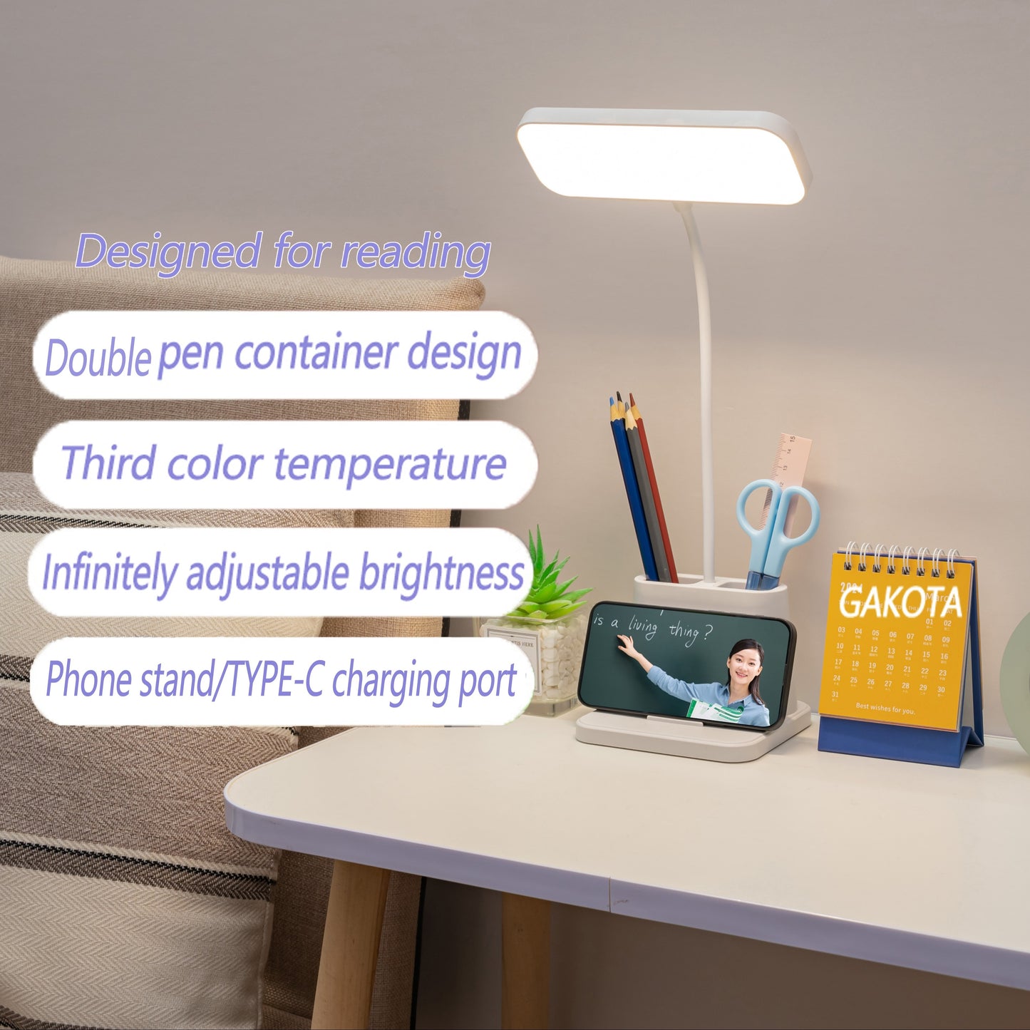 LED Desk Lamp with Pen Holder, Touch Control, Dimmable & Color-Changing, USB/Battery Powered - Ideal for Students & Home Offices, White.