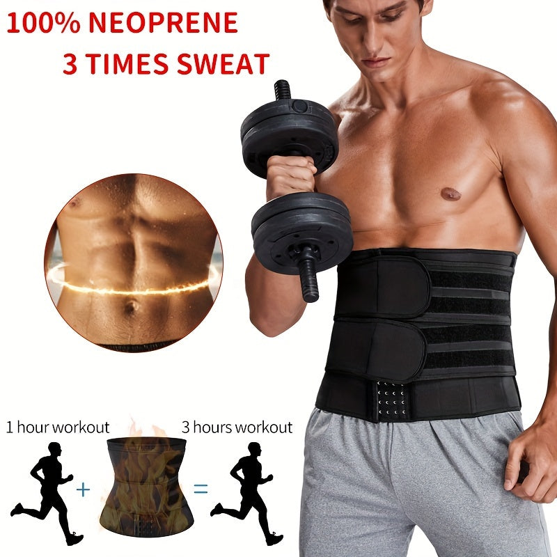 Men's neoprene waist trainer with tummy sheath, sauna body shaper belt, medium stretch, solid color, sports style, includes belt.