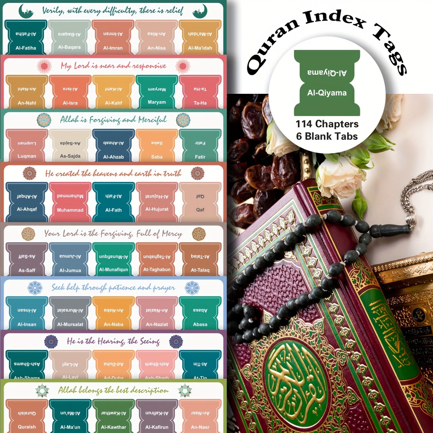 Self-adhesive Quran index tabs with 114 chapters, 6 blank tabs, tear-resistant, easy navigation, clearly printed, 8 sheets set.