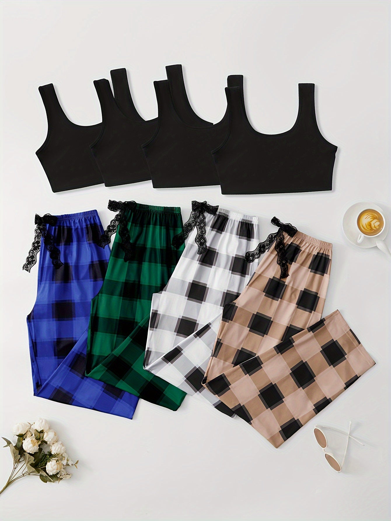 4-piece women's pajama set includes sleeveless crop tank, plaid long pants in black, green, blue, and beige. Made of soft polyester blend with elastic waistband and lace trim. Machine