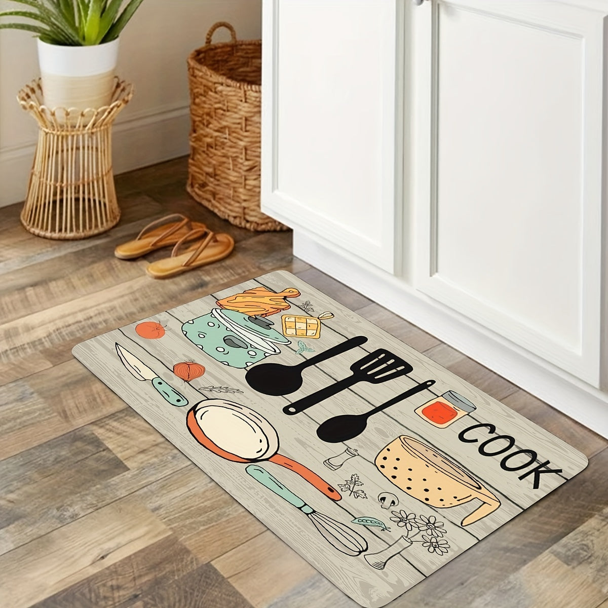 1pc Modern Polyester Kitchen Mat with Cutlery & Letter Graphics - Machine Washable Rectangular Floor Mat for Kitchen/Home Decor, Featuring "The Kitchen's the Heart of the Home" Theme. Perfect for Kitchen Rugs!