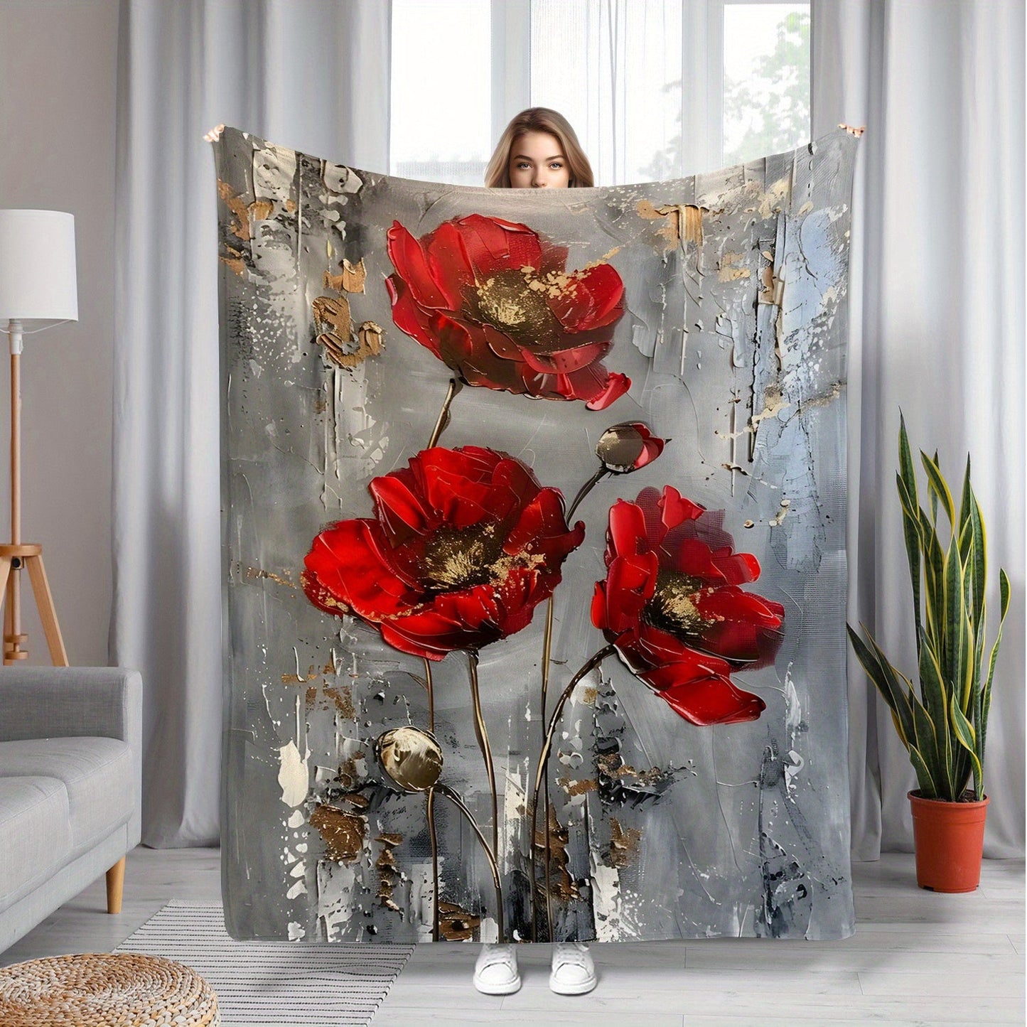 Soft and comfortable, this contemporary throw blanket features a red poppy pattern that is perfect for adding style and warmth to your home sofa, bed, or even for picnics and travel. Made from durable polyester material, this blanket is ideal for