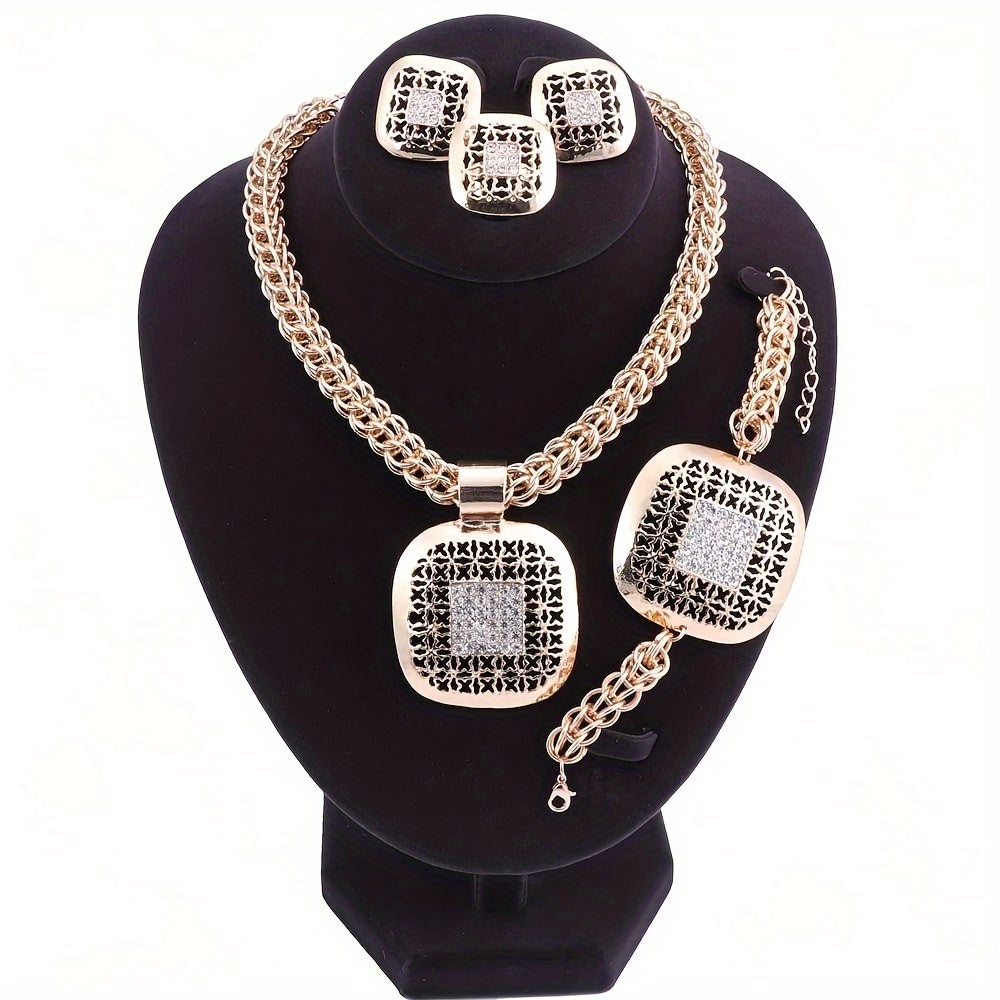 A stunning collection of jewelry inspired by the Middle East, featuring golden water diamond square pieces including a necklace, earrings, bracelet, and ring. Ideal for bridesmaids gifts at wedding parties.