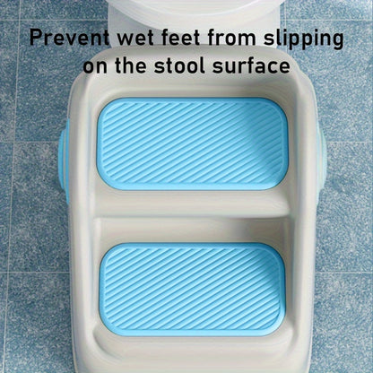 Children step on footstool, wash hands, wash face, brush teeth.