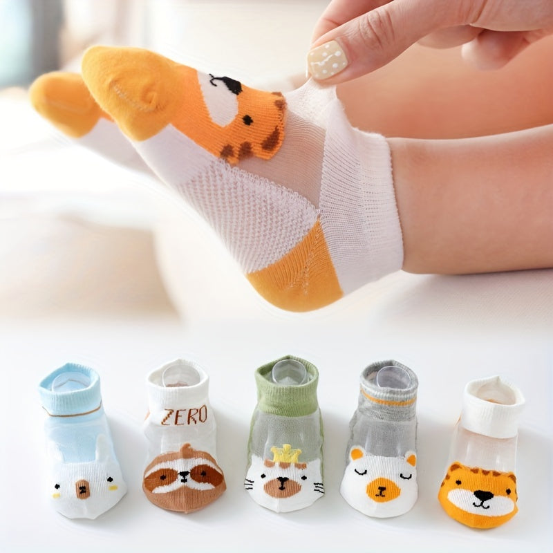 Kids' 5 pairs of thin mesh breathable socks with cartoon designs for spring and summer.