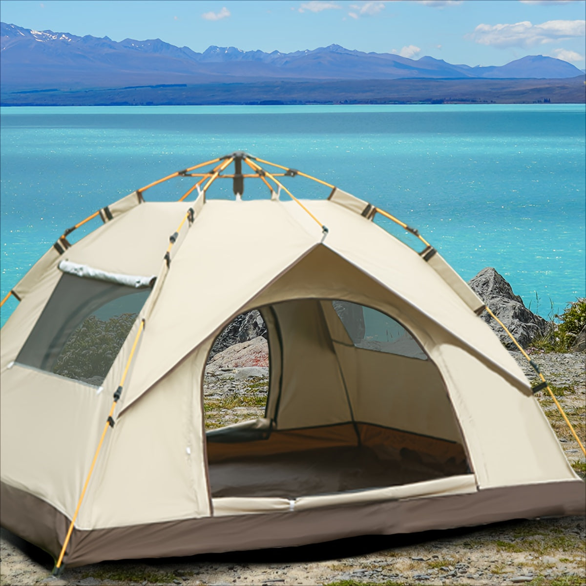 Light brown square tent for 4 people with automatic pop-up feature, waterproof Oxford cloth material, zipper closure, and glass fiber frame. Portable for camping, fishing, hiking