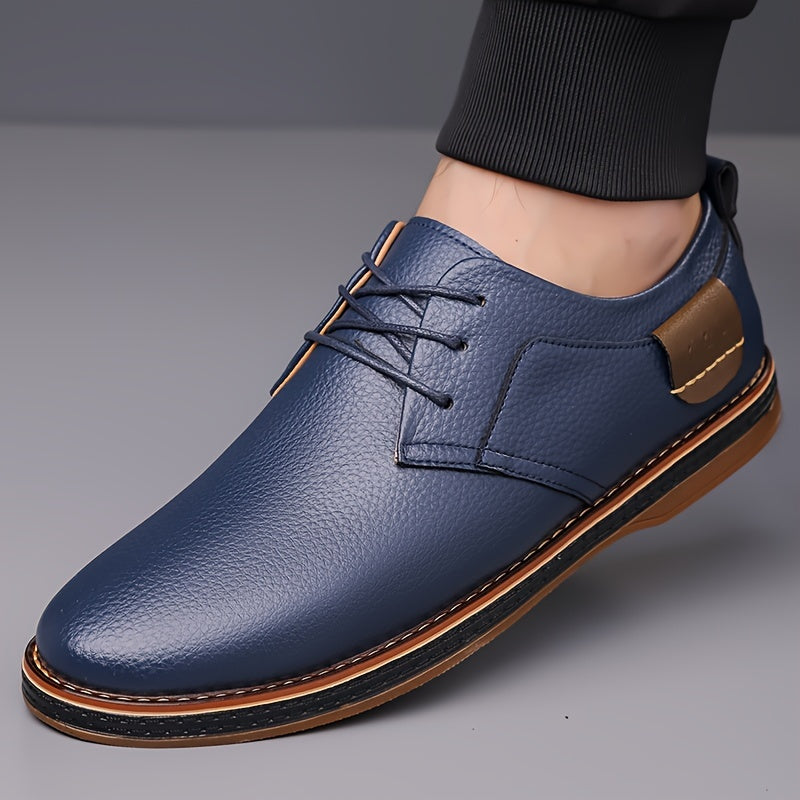 Men's fashion street style dress shoes with solid color microfiber synthetic upper, round toe, rubber sole, lining & insole, low top lace-up for daily & casual wear in spring/fall season.