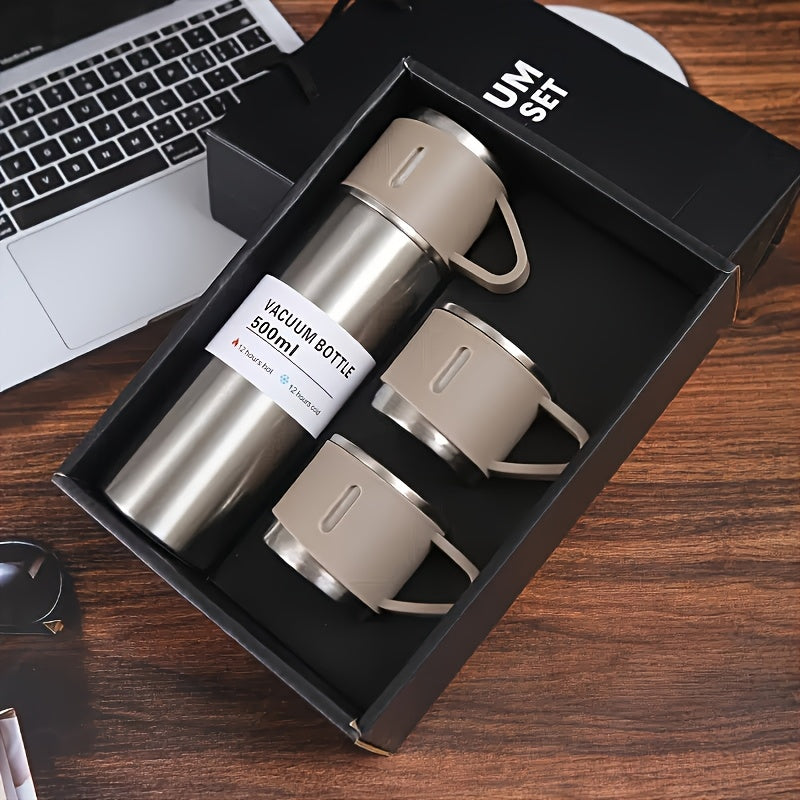 Stainless steel vacuum flask, leakproof, BPA-free, hand wash only - ideal for camping and hiking.