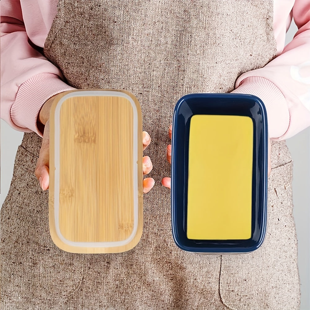 A complete set including a butter dish with a bamboo lid and butter knife, this large ceramic butter box is perfect for kitchen baking and gifting. It serves as an airtight butter keeper container for countertop or refrigerator storage. Ideal for home