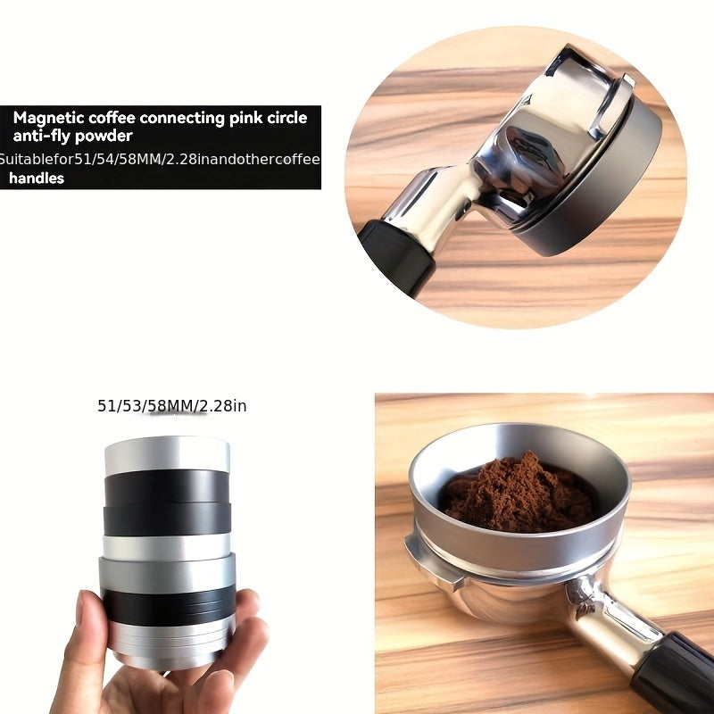 Golden espresso dosing funnel made of lightweight aluminum, available in 51/53/58mm sizes with a magnetic attachment. This coffee dosing ring fits snugly onto the coffee machine handle to prevent splashing during the dosing process.