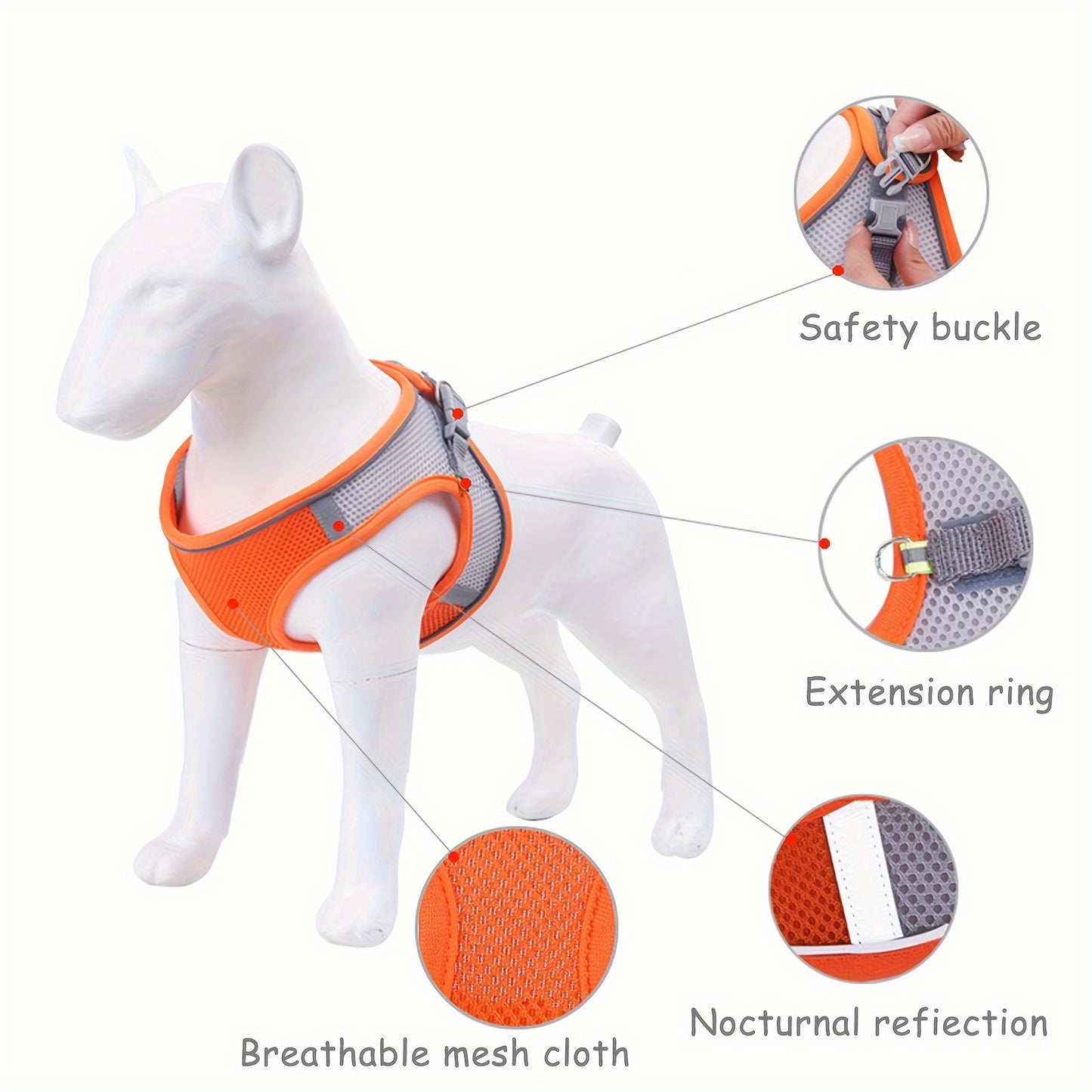 Soft mesh pet harness with reflective strip for small cats and dogs, providing comfort and safety.