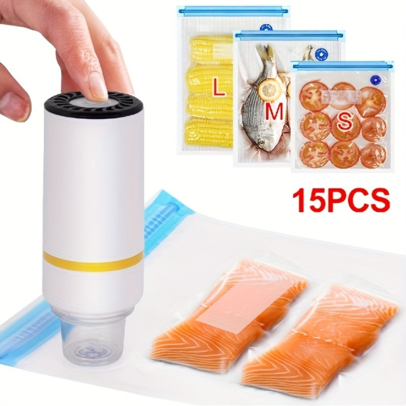 This set includes 15 pieces of food vacuum storage items, consisting of a mini electric vacuum machine, food vacuum storage bags, a handheld mini electric vacuum pump, three sizes of food sealing bags (6 pieces of 21.59 x 20.32 cm, 3 pieces of 27.94 x