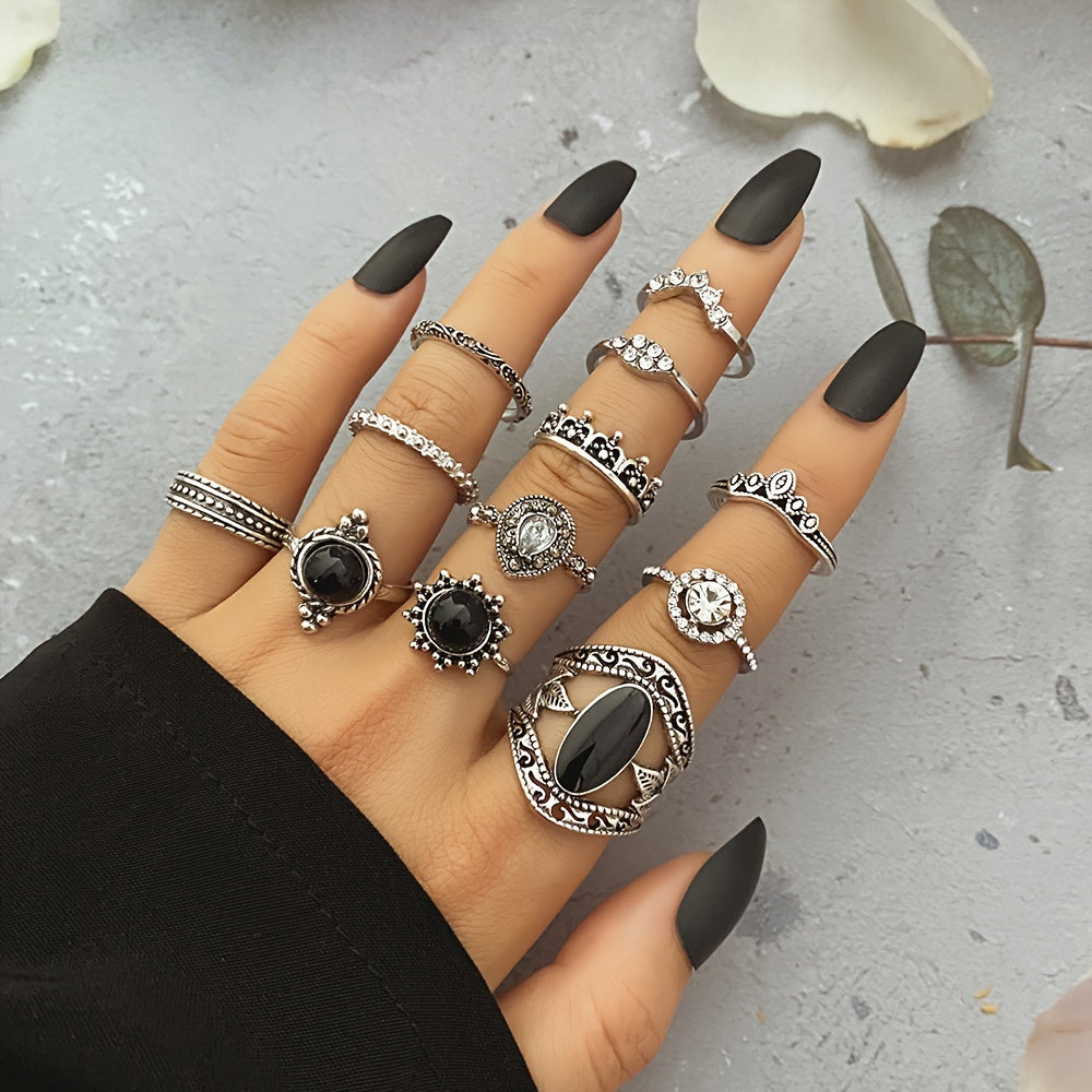 Collection of 39 pieces of stylish bohemian stacked rings for women in retro fashion.