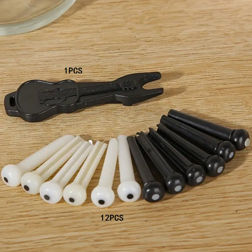 13 piece Guitar Bridge Pins Set with Guitar Pins Puller and ABS Bass Pins, ideal for string maintenance and replacement parts.