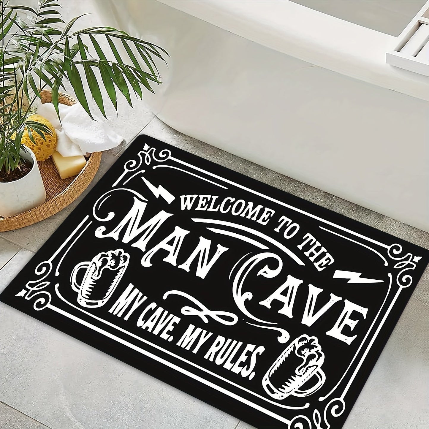 Rectangular "Welcome to the Man Cave" Door Mat - Perfect for Christmas, Halloween, Easter, Hanukkah, Thanksgiving Decor. Made of Polyester, Machine Washable, Non-Slip, Indoor Entrance Bath Rug - Ideal for Home Kitchen Decor. 1pc.