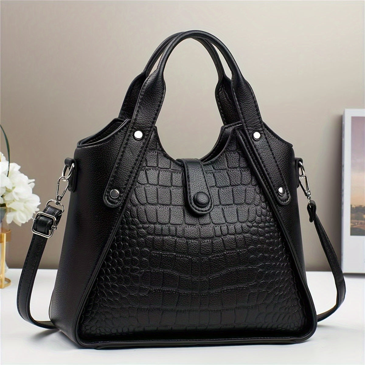 Women's Crocodile Pattern Shoulder Bag - Casual style faux leather handbag with zipper closure, polyester lining, adjustable strap, and elegant carry design