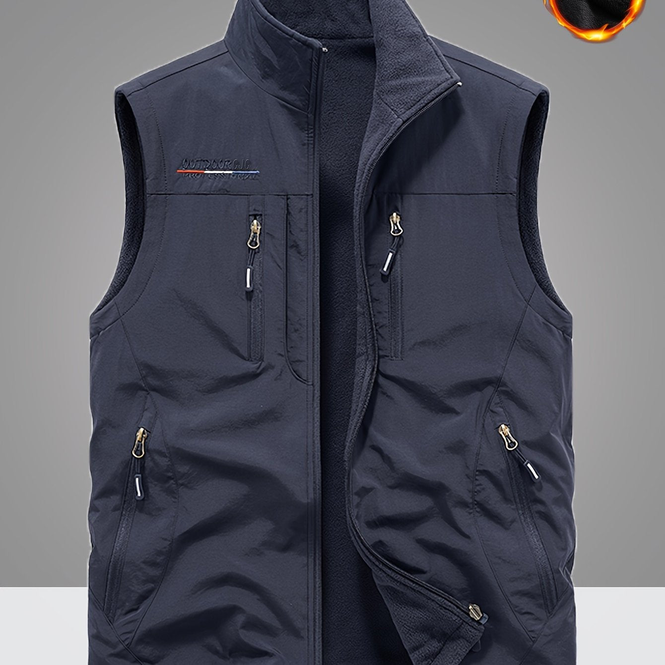 Thickened casual vests for men in autumn with fleece lining, multiple pockets, solid color, ideal for fishing and photography, with zipper.