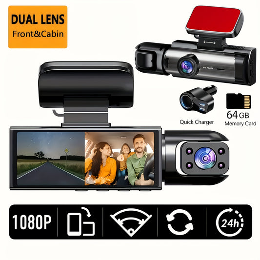 Car DV Driving Recorder with 64G High-speed Memory Card can record for 12 hours with HD dual front and rear camera. Features a 3.16-inch IPS screen, aluminum alloy heat dissipation shell