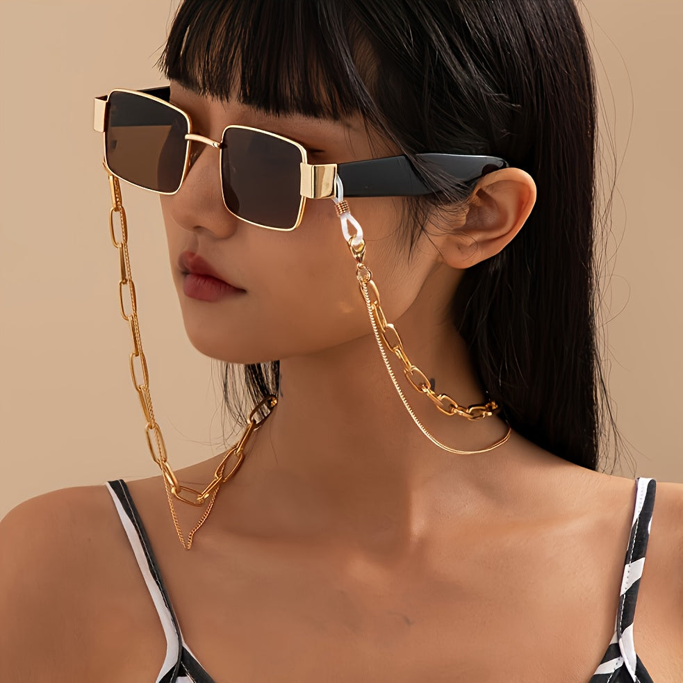 Retro Double-layer Glasses Chain with Grip for Sunglasses and Reading Glasses, Stylish Hiphop Fashion Mask Holder and Face Covering Strap for Eyewear