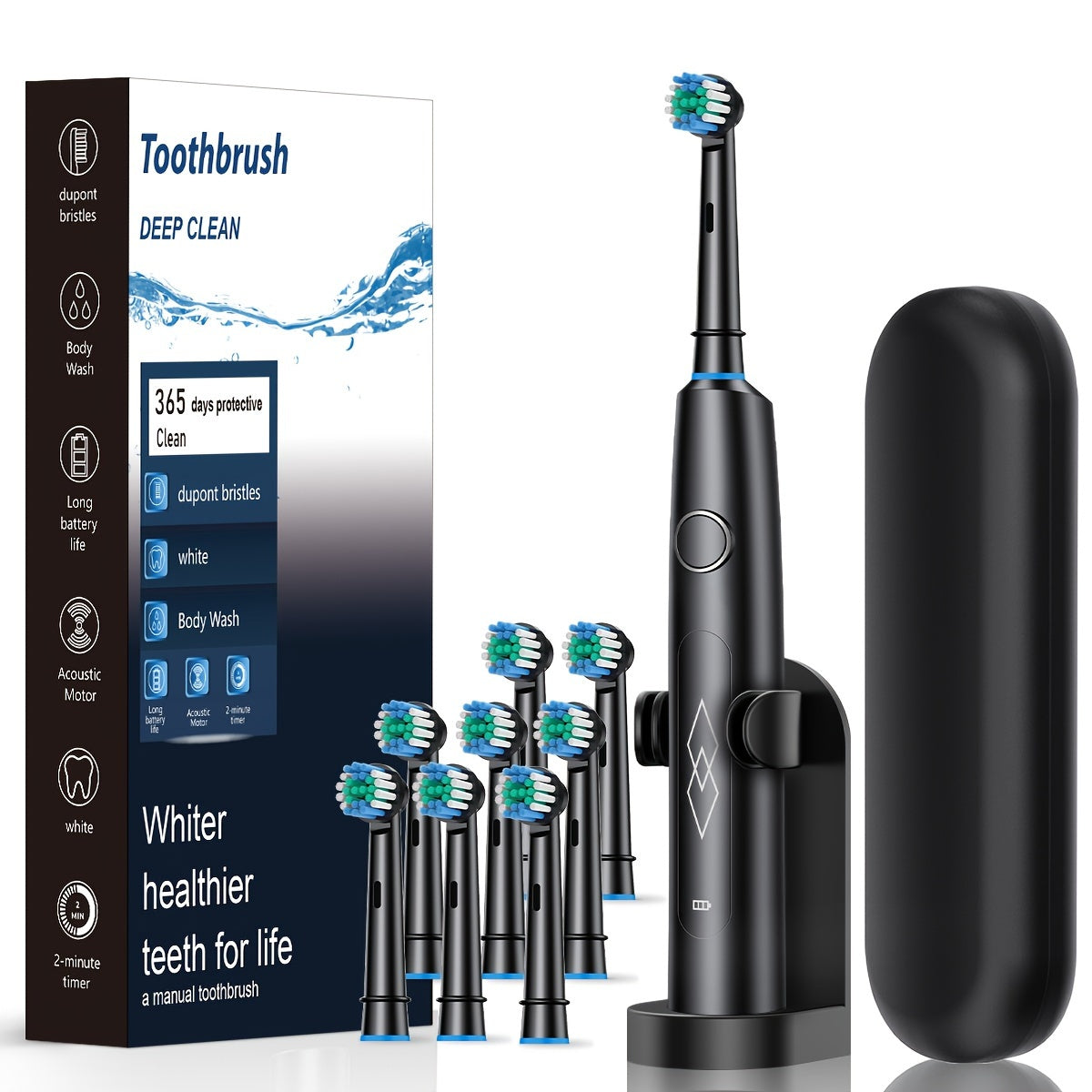 Black Sonic Electric Toothbrush with USB recharge, soft bristles, 600mAh battery, 5 modes, 4 brushes in gift box.