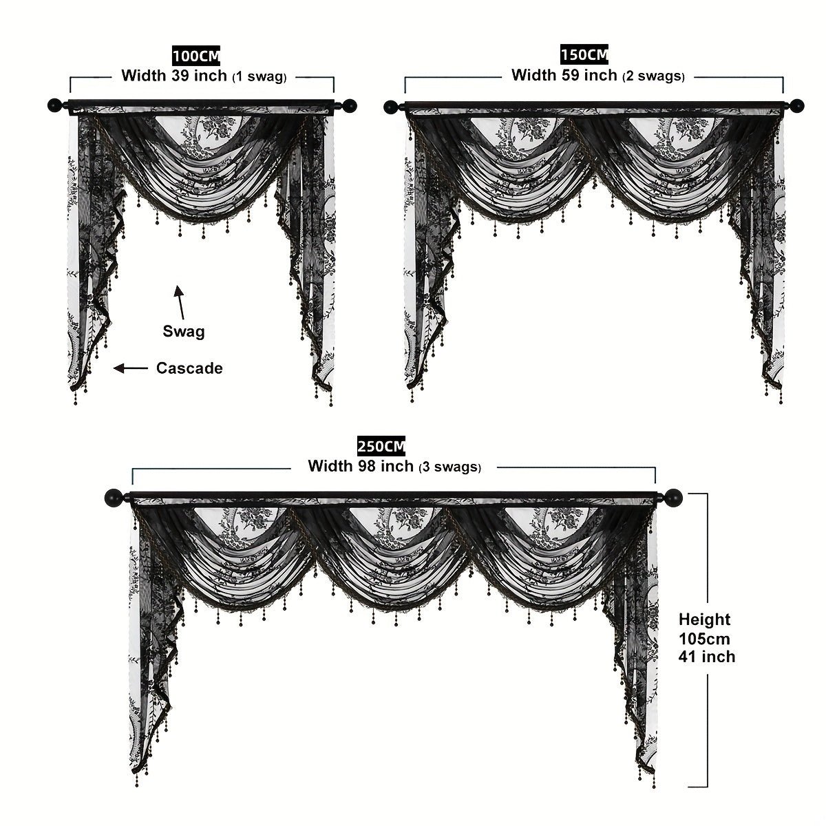 This European style wave curtain features a beautiful black lace valance with a flower pattern. The short curtain is designed with a rod pocket, making it suitable for windows and doors. Add a touch of elegance to your living room with this decorative