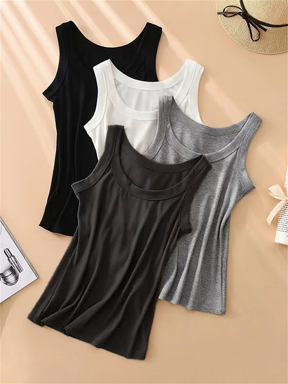 Set of 4 U-neck camisole vests for women, perfect for spring/summer. Can be worn as an outer layer or as a sleeveless base shirt. Features low neckline for breathability and comfort.