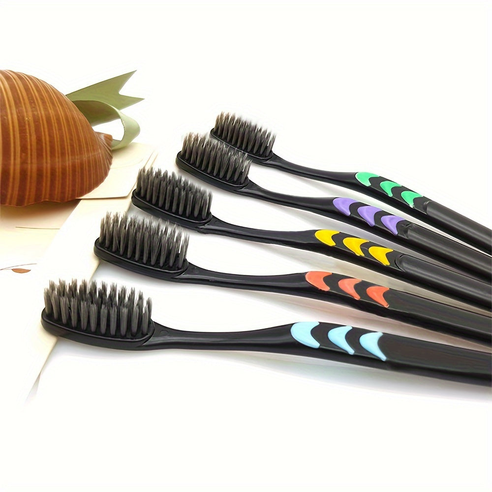 5/10 soft bristle toothbrushes with multicolor grip handles and black nylon bristles for adults, ideal for deep manual oral care.