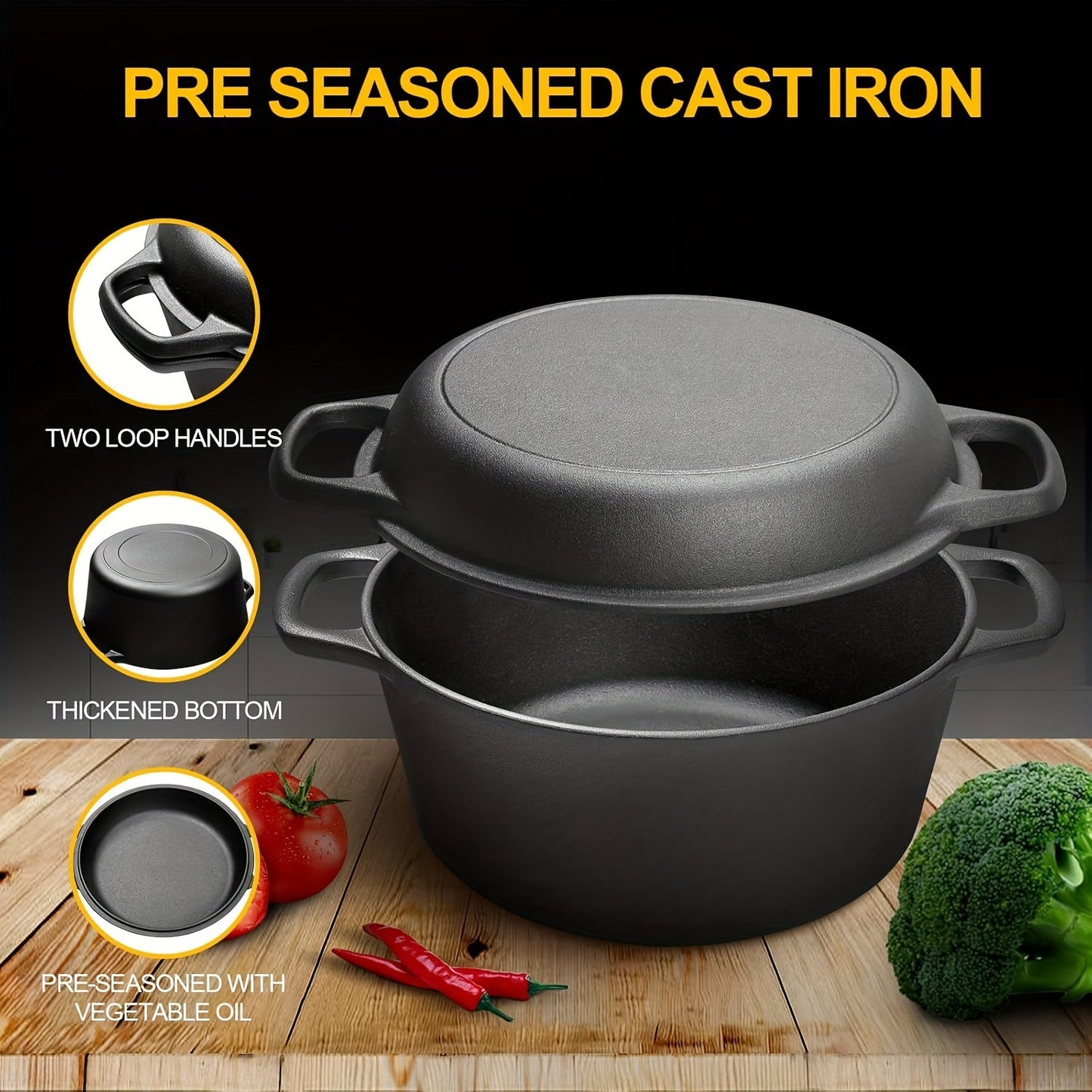 Pre-Seasoned Cast Iron Dutch Oven Set with Skillet Lid - Includes Dual Handles for Easy Handling - Perfect for Baking, Frying, Camping, and BBQ - 5 Quart Capacity - Versatile 2-in-1 Cookware Set