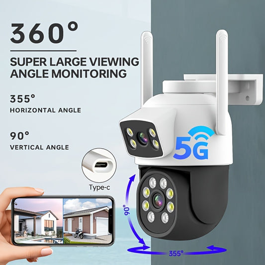 Outdoor security camera with dual lens, wifi connectivity, 360° pan-tilt view, color night vision, auto tracking, 2-way talk, and easy installation.